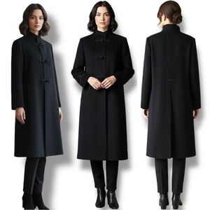 Vintage Mandarin Collar Wool Coat With Braided Frog Closures In Black